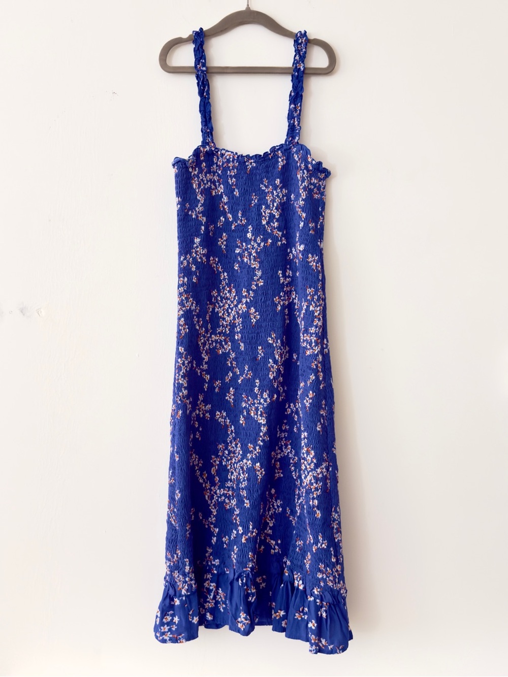 Faithfull the Brand Farah Blue Smocked Midi Dress S